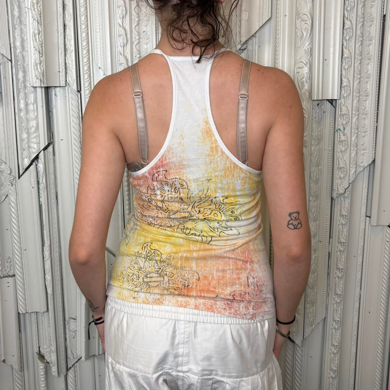 Harley Davidson yellow and white racerback tank top with “tribal print”