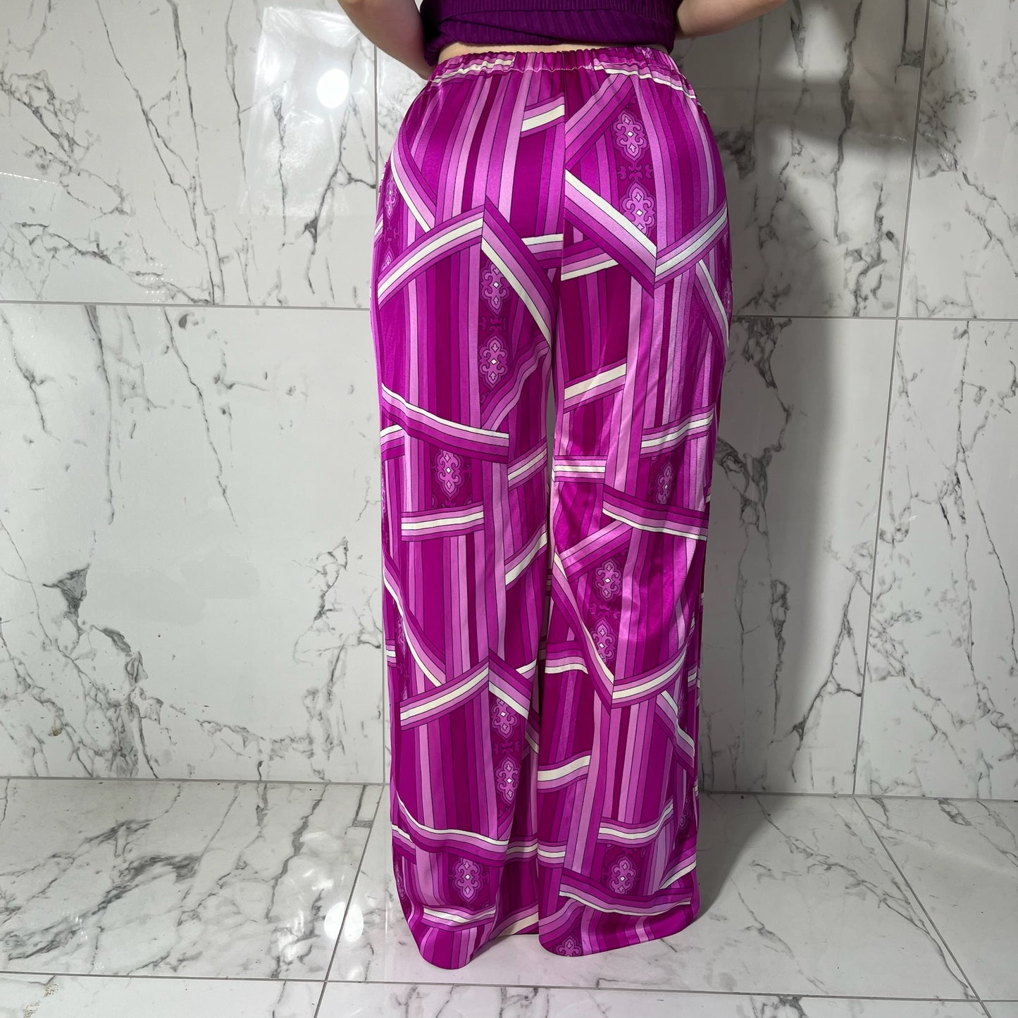 Vintage pink abstract print polyester high waisted flare pants