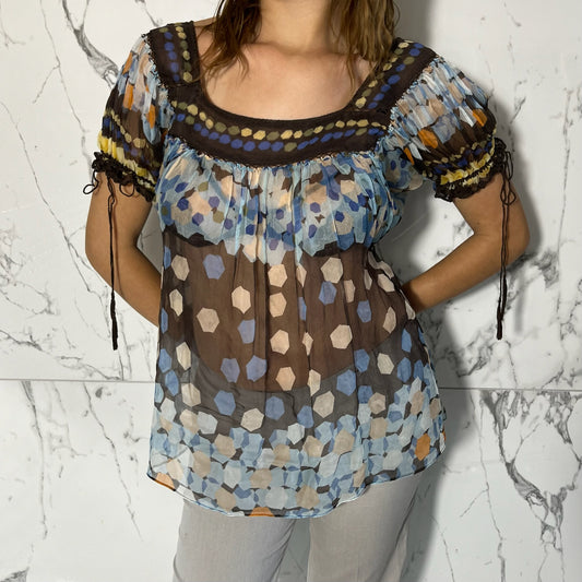 Eci New York 2000s blue, cream, orange and brown mesh/sheer top