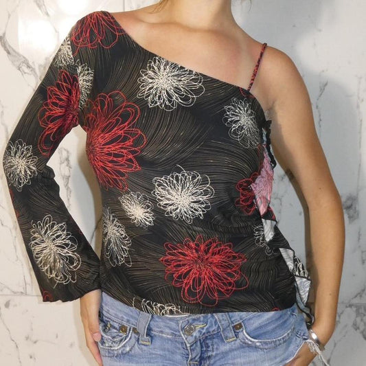 Green Ville USA one sleeve red, black, white, and grey abstract floral top