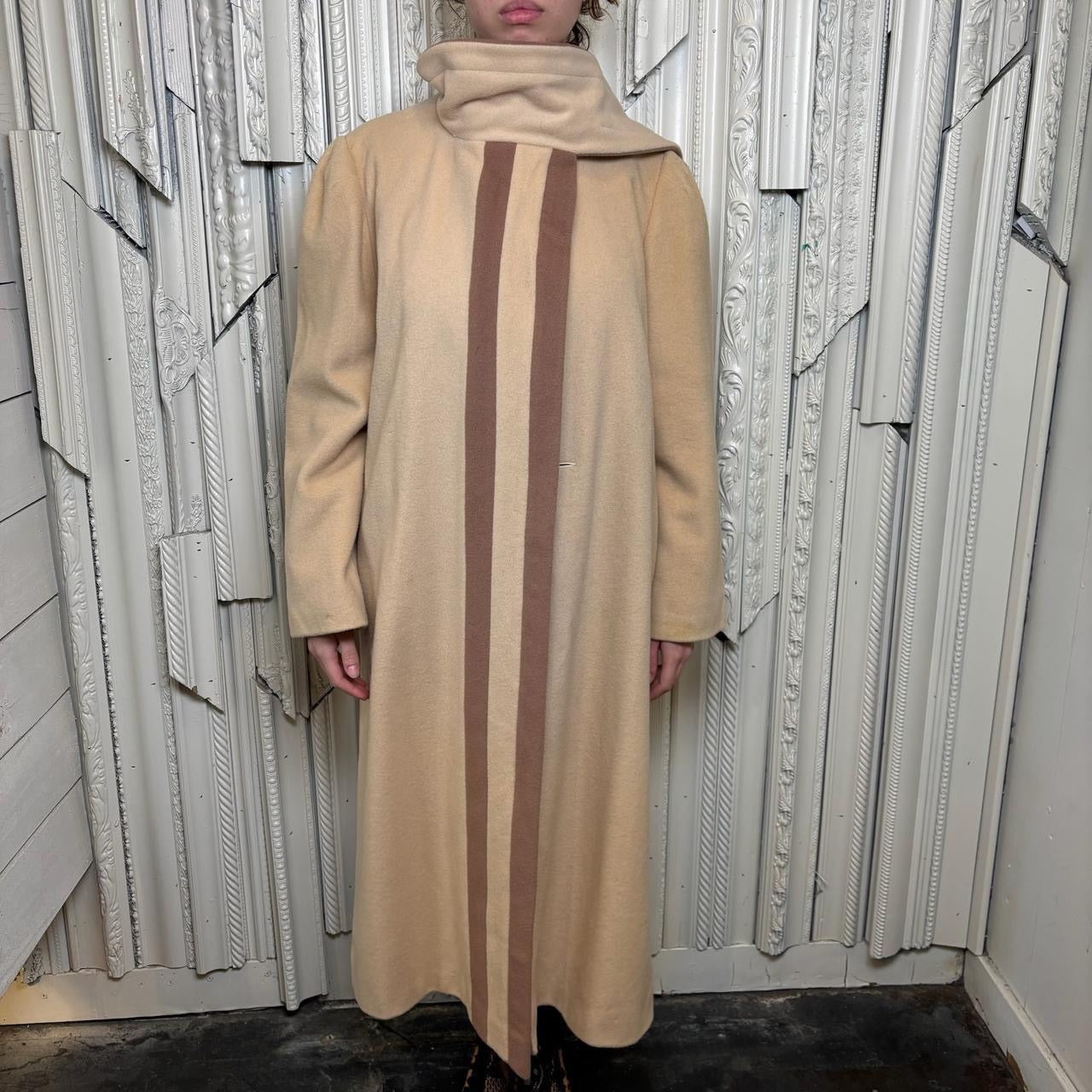 Alorna vintage 60s cream and brown long wool trench coat