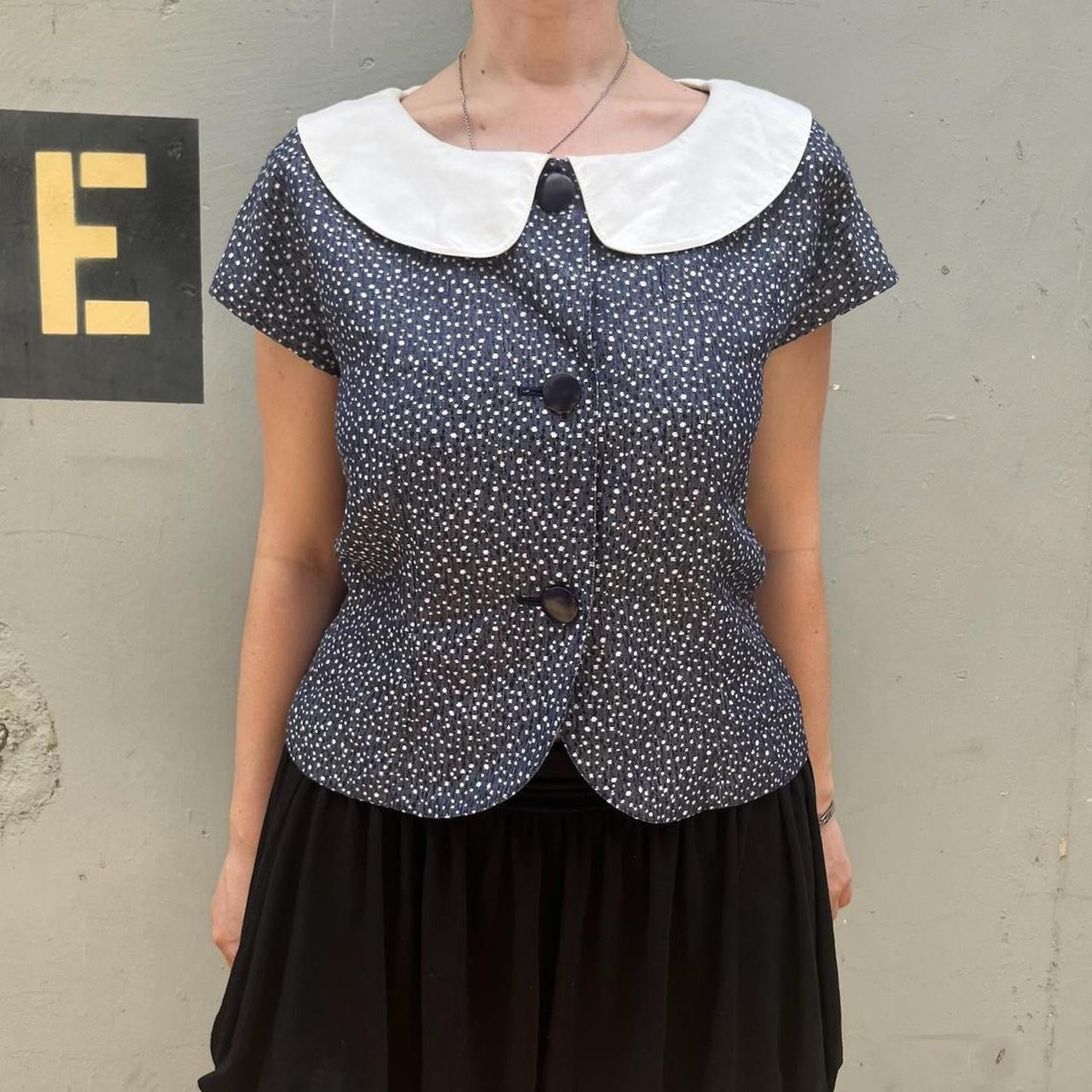 Christian Dior navy and white polka dot button up blouse