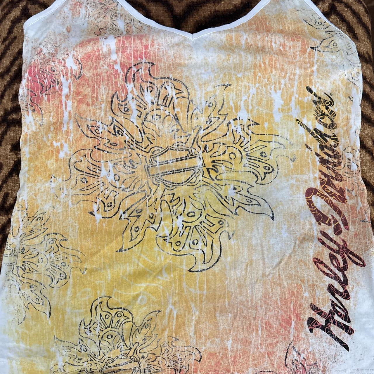 Harley Davidson yellow and white racerback tank top with “tribal print”