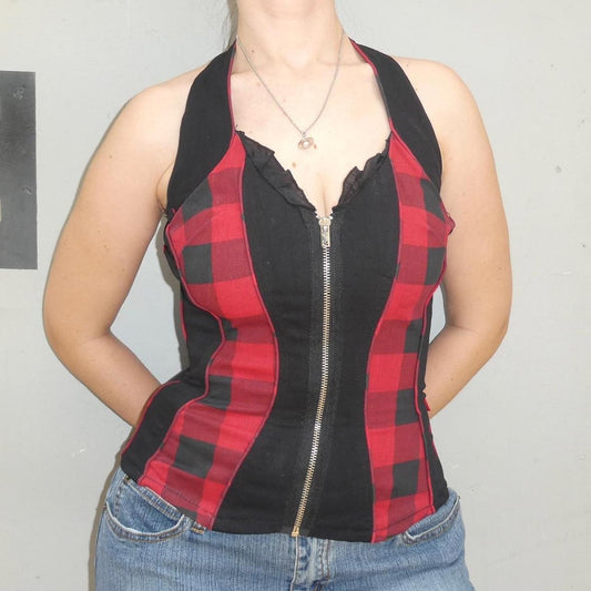 Tripp NYC Black and red plaid halter neck zip up corset top