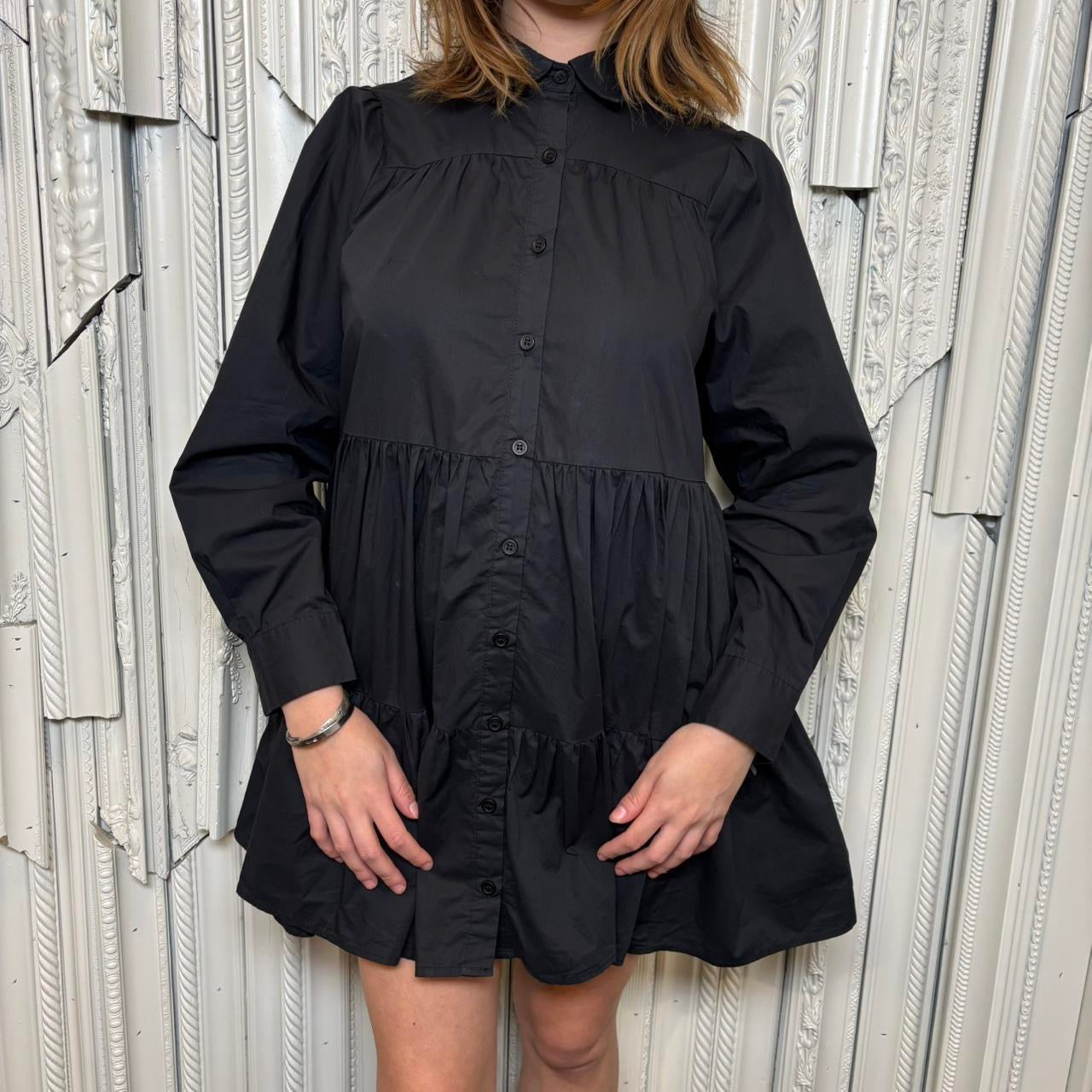 Spinns black collared button down long sleeve mini dress