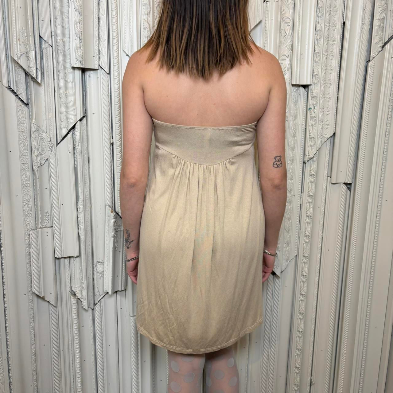 Ginger G champagne colored strapless mini dress