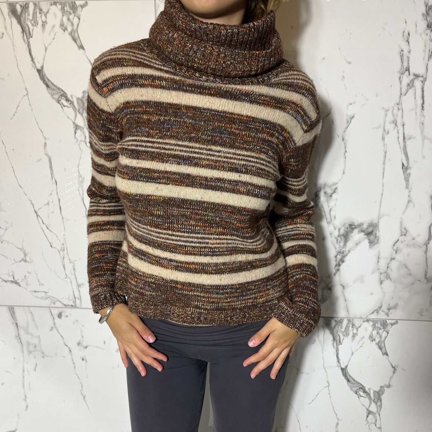 Wang LSN brown and tan striped knit turtleneck sweater