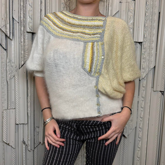 80s yellow, cream and silver bat wing short sleeve sweater