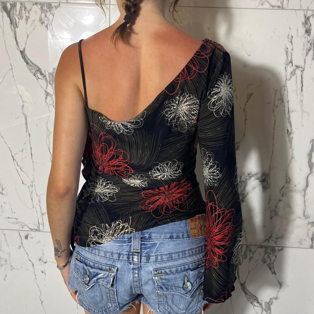 Green Ville USA one sleeve red, black, white, and grey abstract floral top