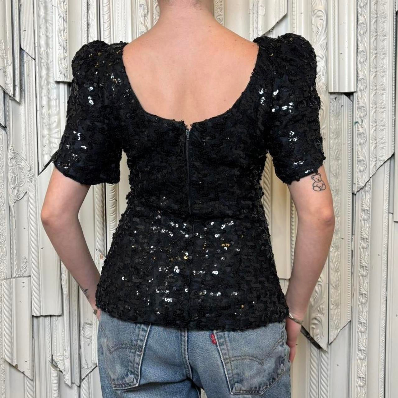 Opening Night black boat neck sequin top with low back