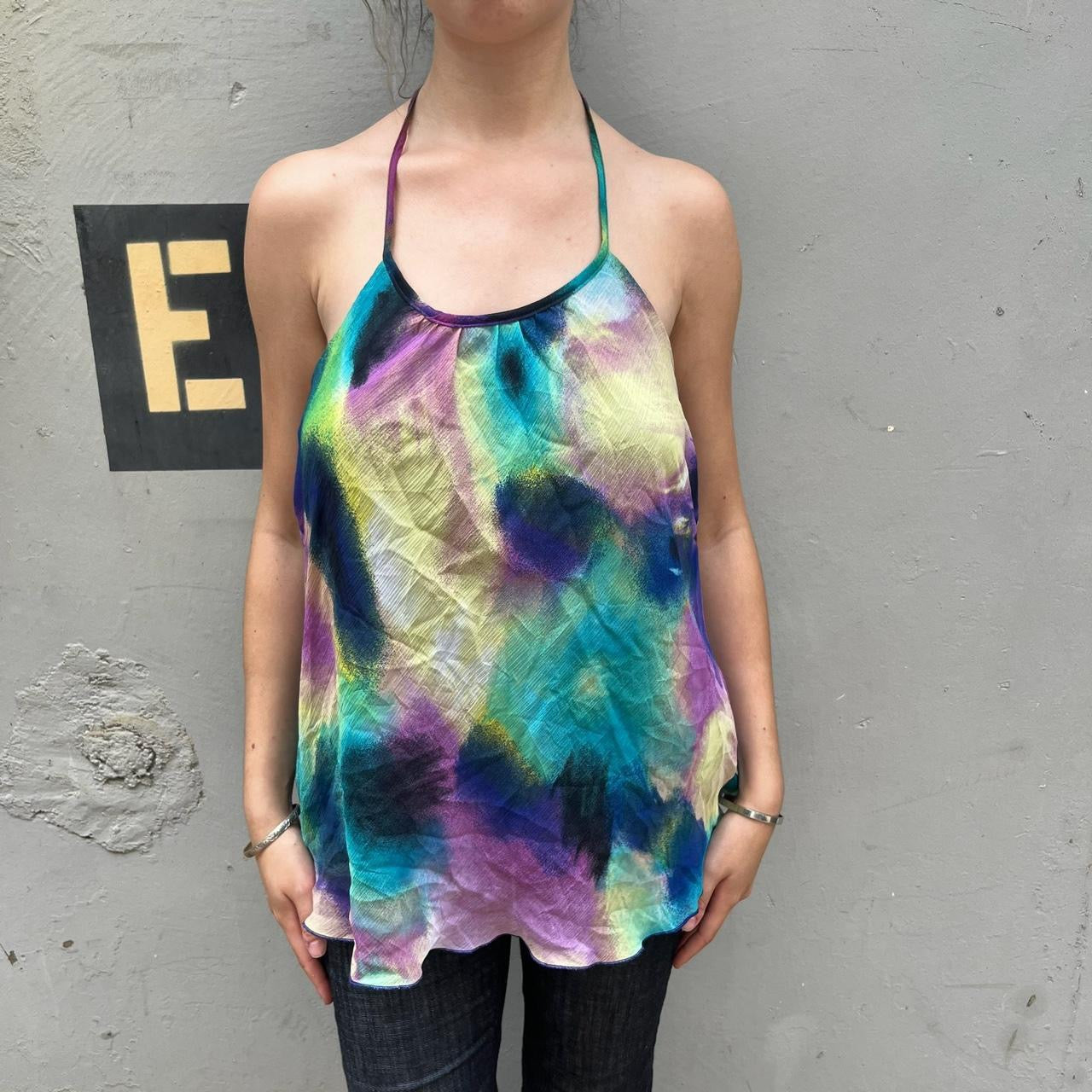 B Wear Byer California Multicolor “airbrush” tie neck flowy halter top