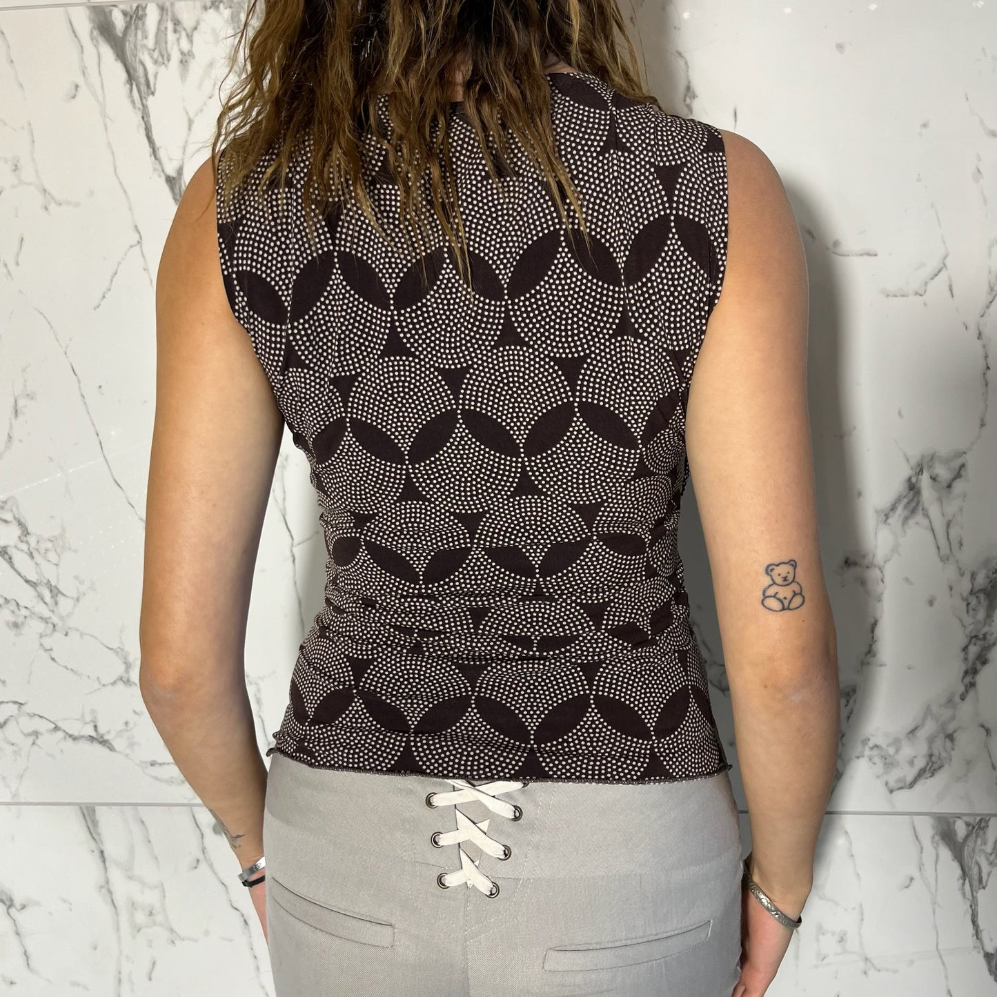 BCX brown and white abstract dotted pattern sleeveless top