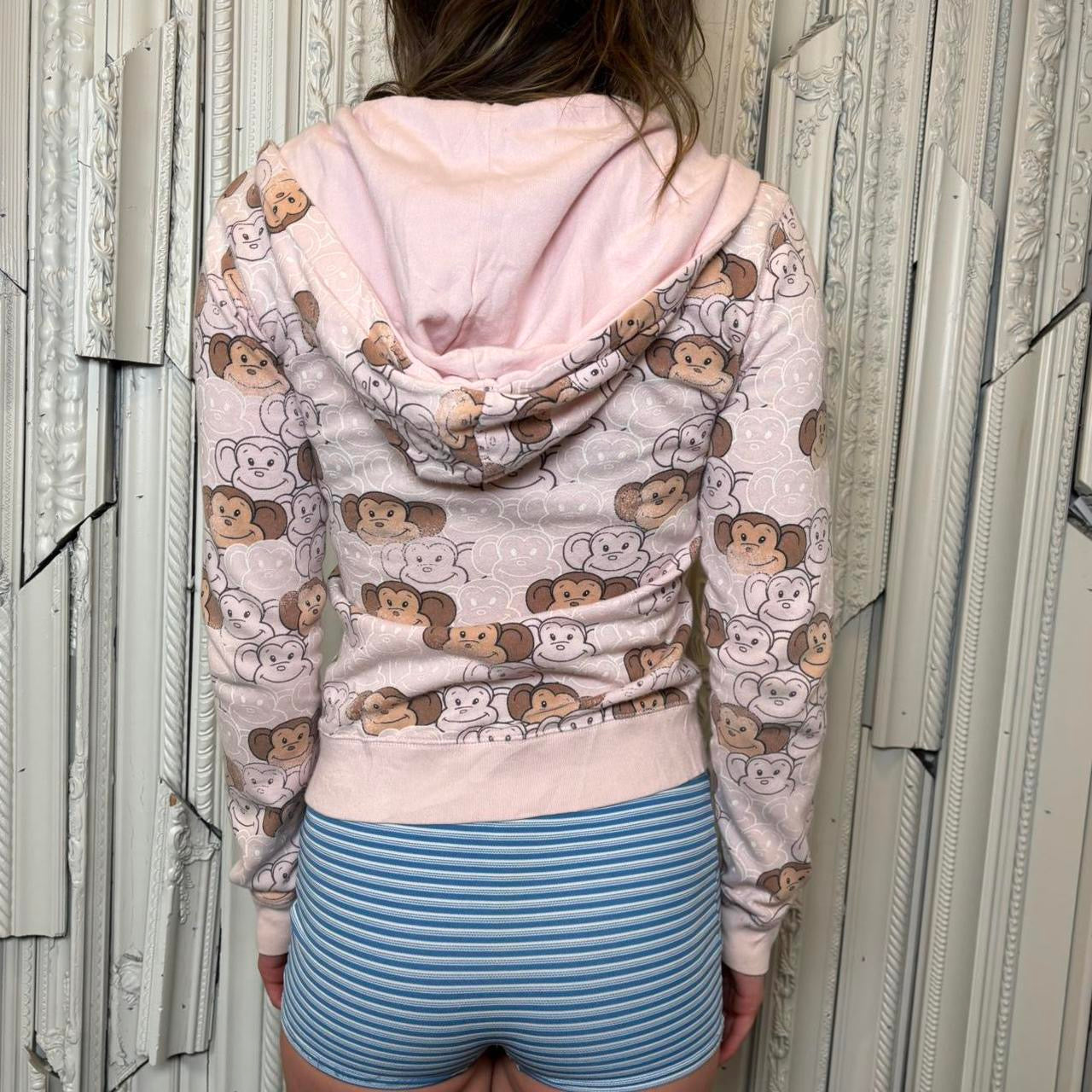 Aeropostale Y2K baby pink all over cartoon monkey print zip up hoodie