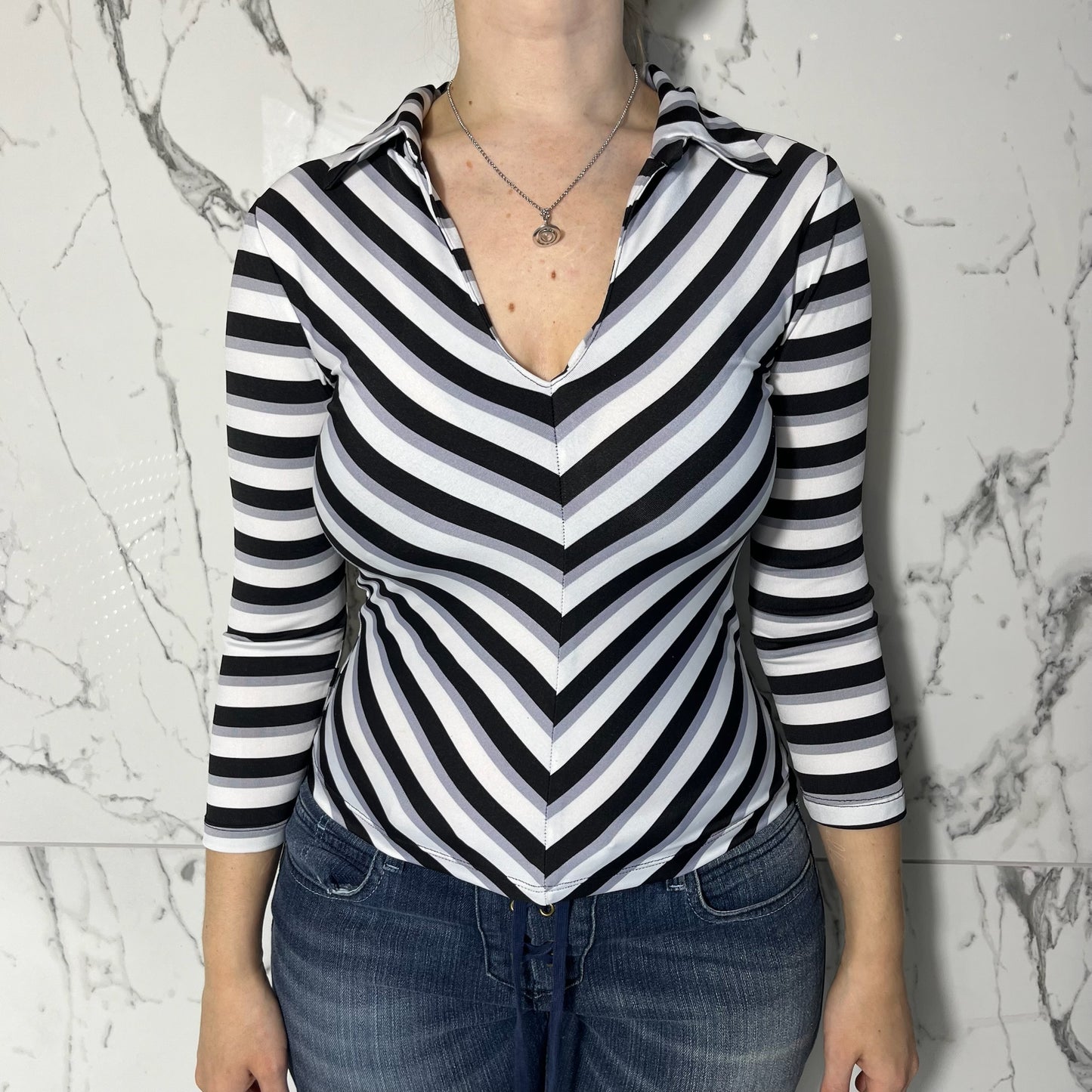 Copper Key black, white, and grey striped top