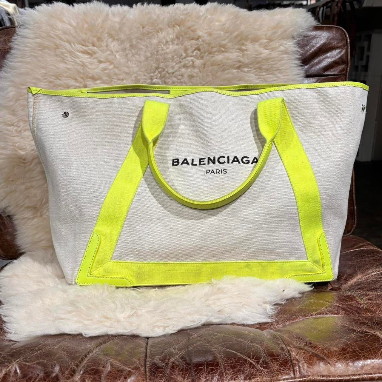 Balenciaga off white and neon yellow large tote with attached pouch