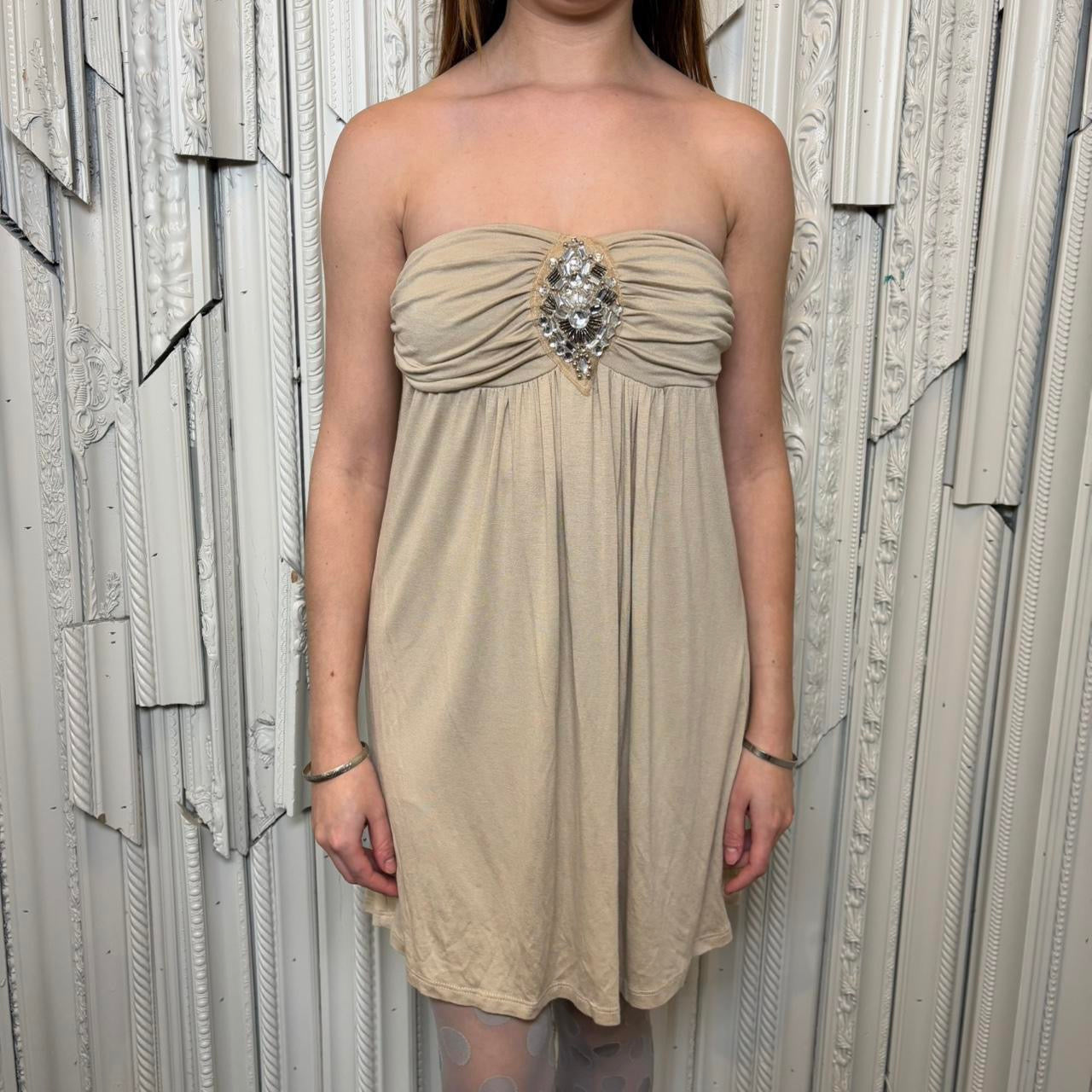 Ginger G champagne colored strapless mini dress