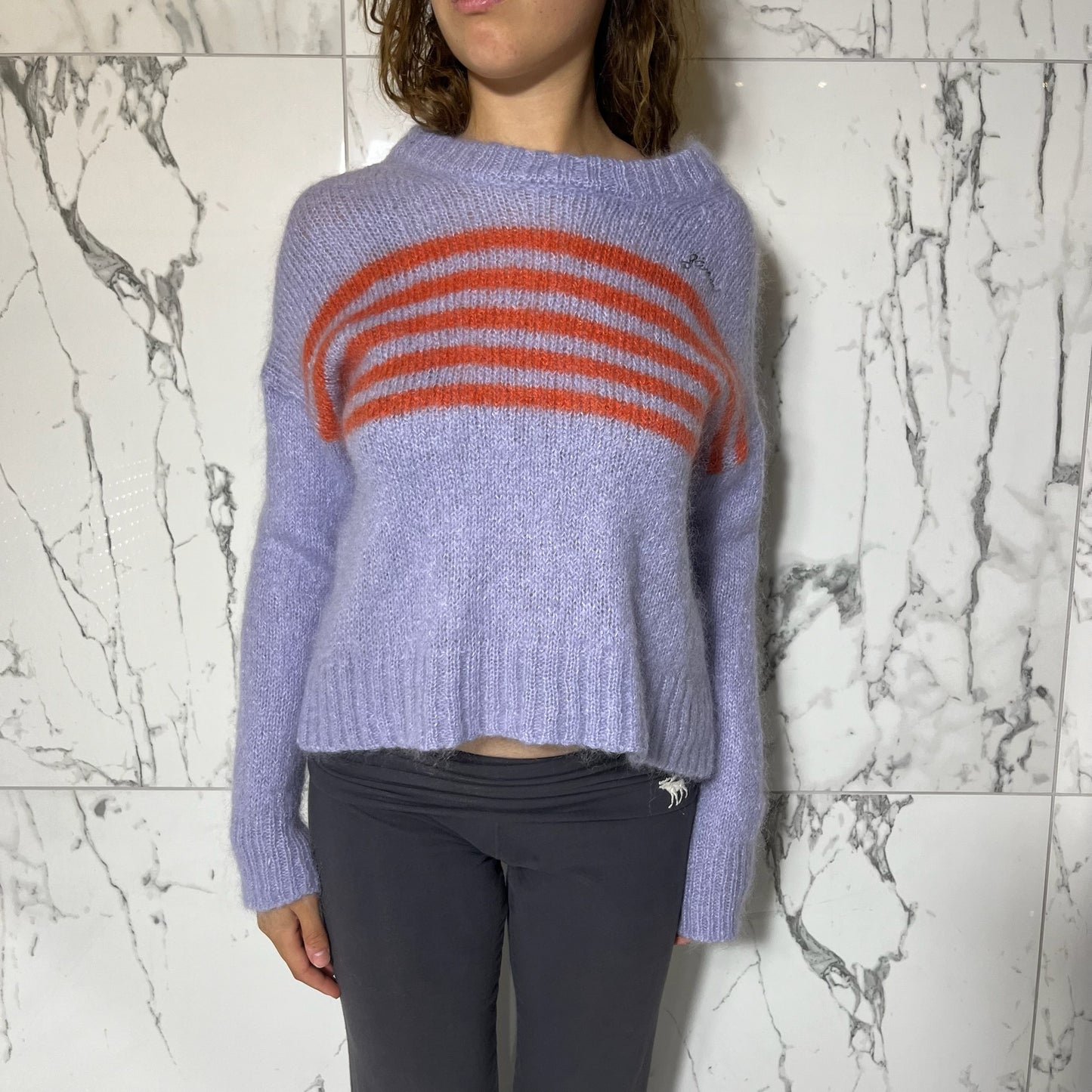 Ganni fuzzy purple knit sweater with orange stripes