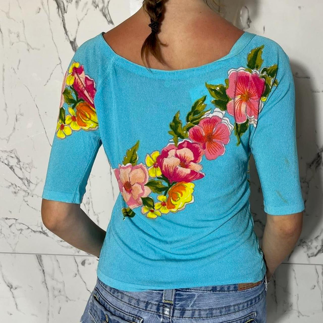 Blumarine blue blouse with floral design and beading