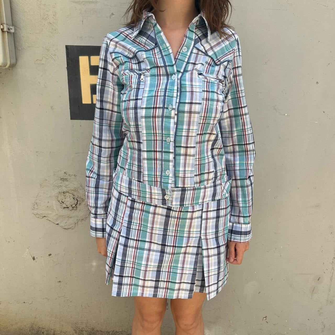 Sans Souci Y2K plaid long sleeve button down drop waist mini dress