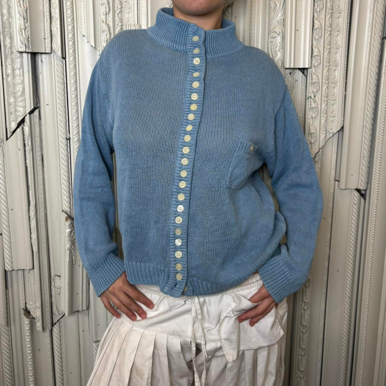 Dana Blake 80s baby blue button down mock neck sweater