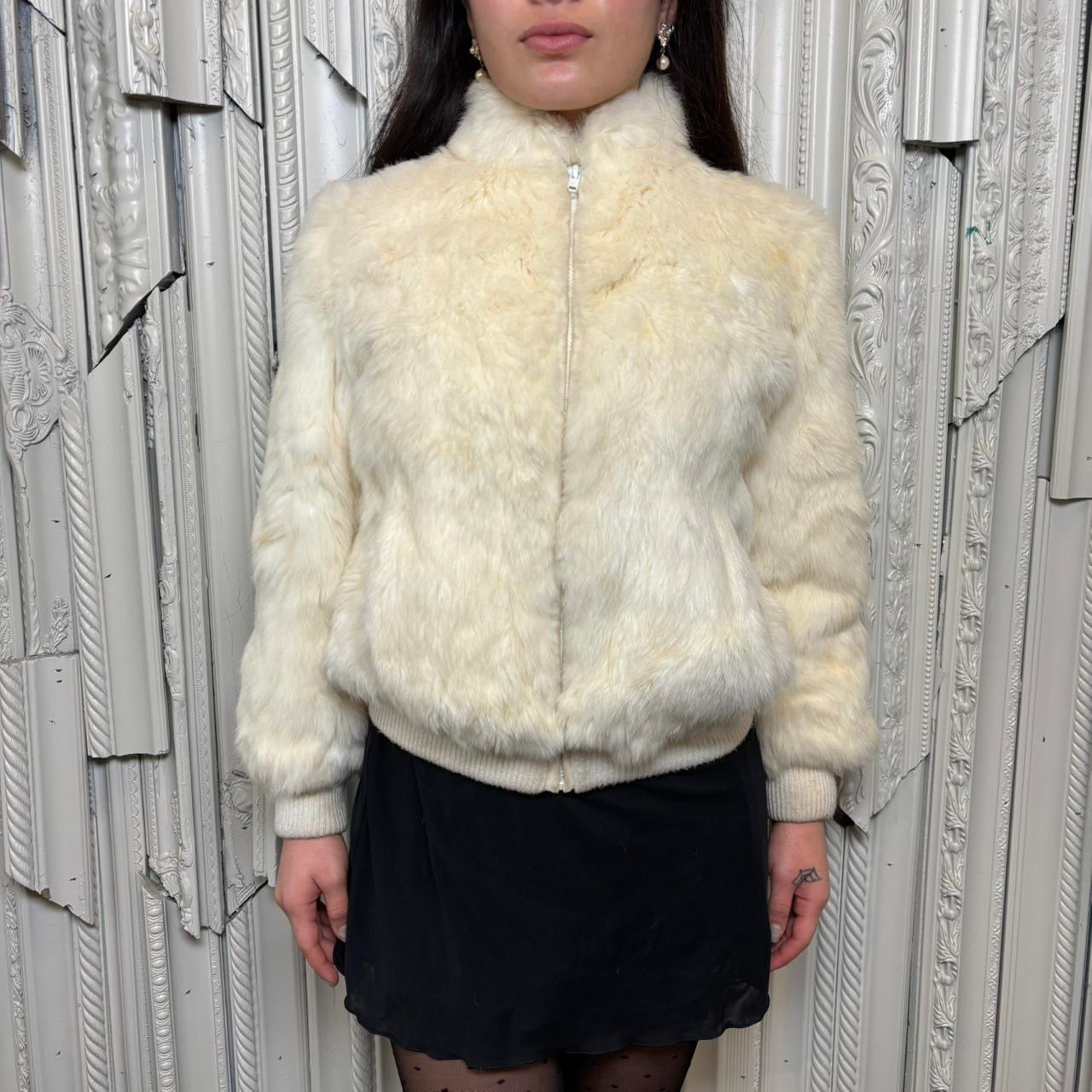 Rabbit fur (from France) zip up coat with pockets and knit hems