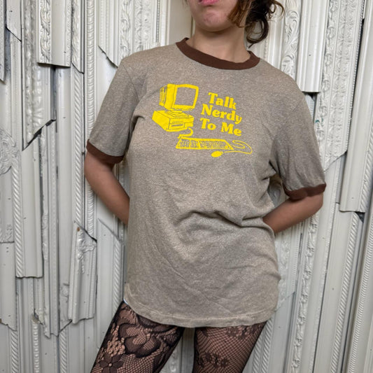 Abercrombie & Fitch “Talk Nerdy To Me” brown and yellow ringer tee