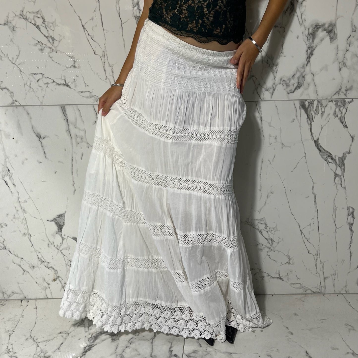 White diamonds tiered maxi skirt with crochet detailing