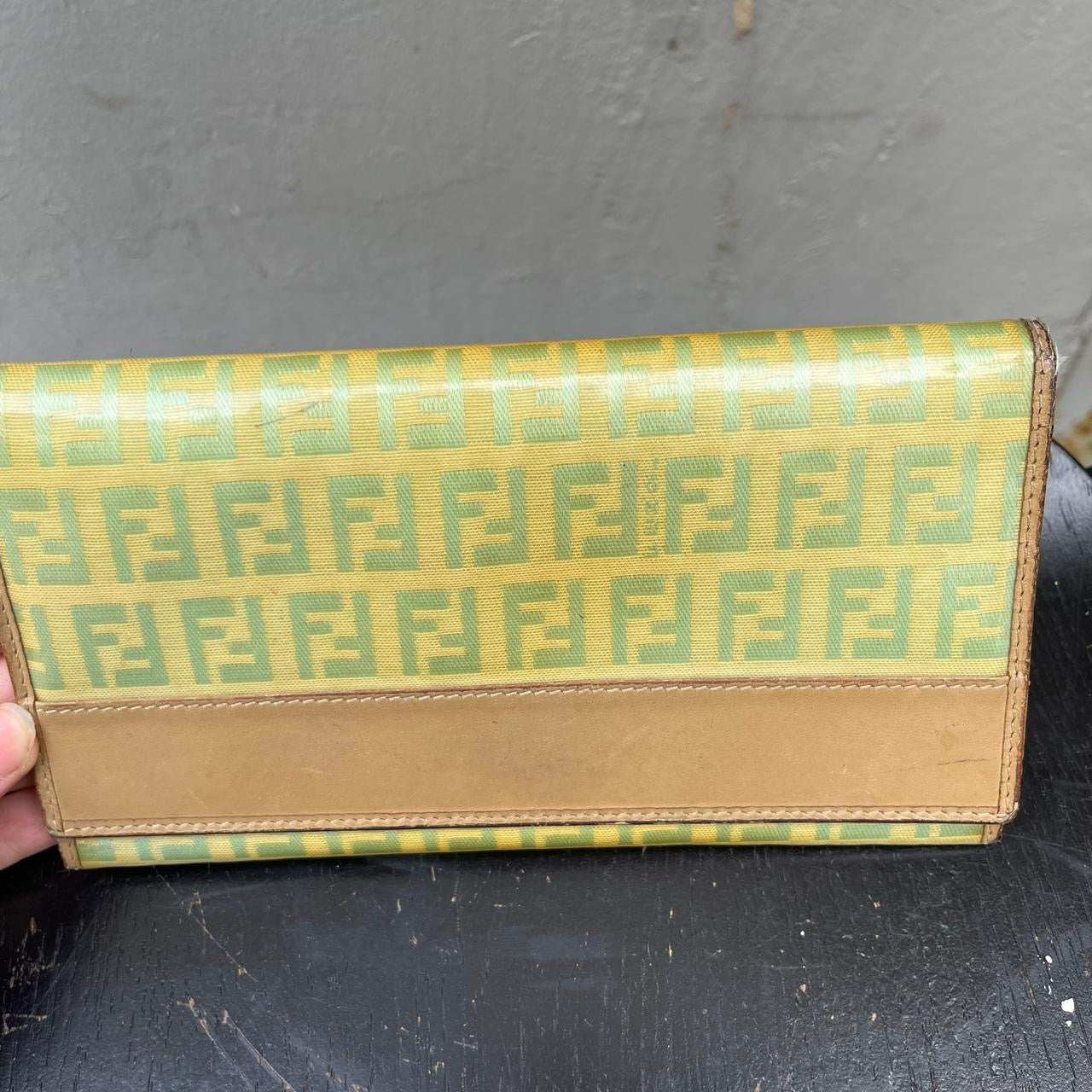 vintage Fendi patent leather light/neon green and yellow wallet