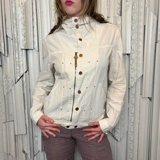 Diesel white zip up and button down jacket with large embroidery print