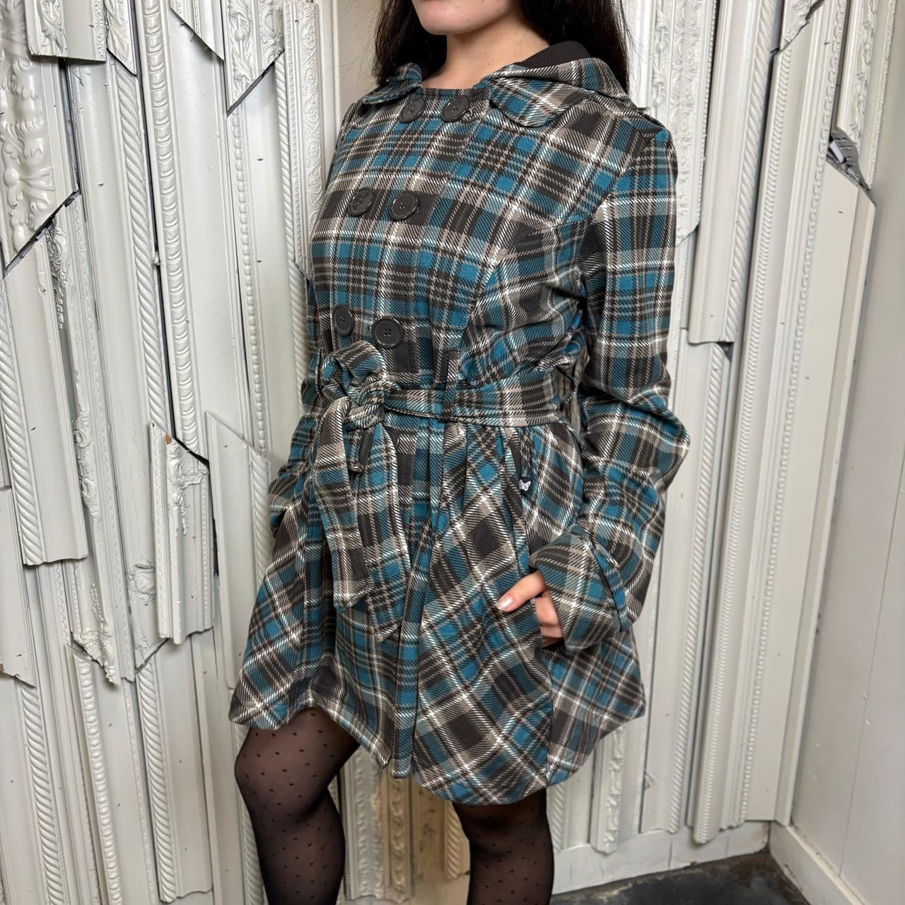 Self Esteem blue and grey plaid button down coat