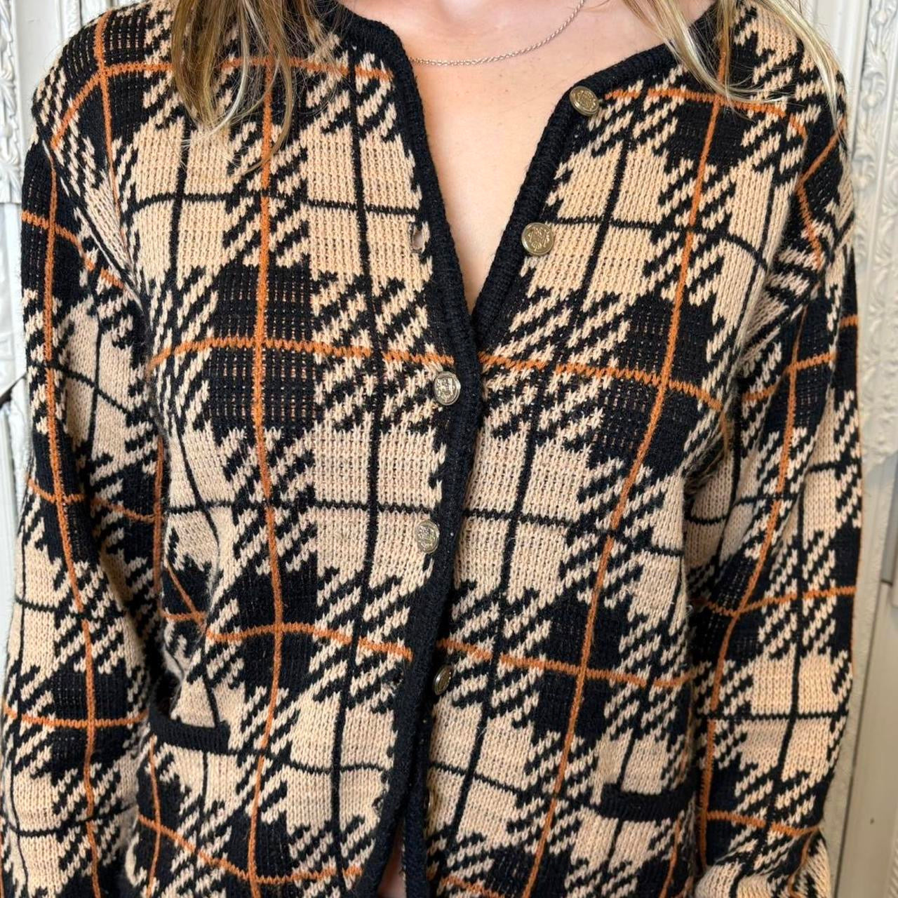 Tally Ho multicolored plaid cardigan with with gold buttons