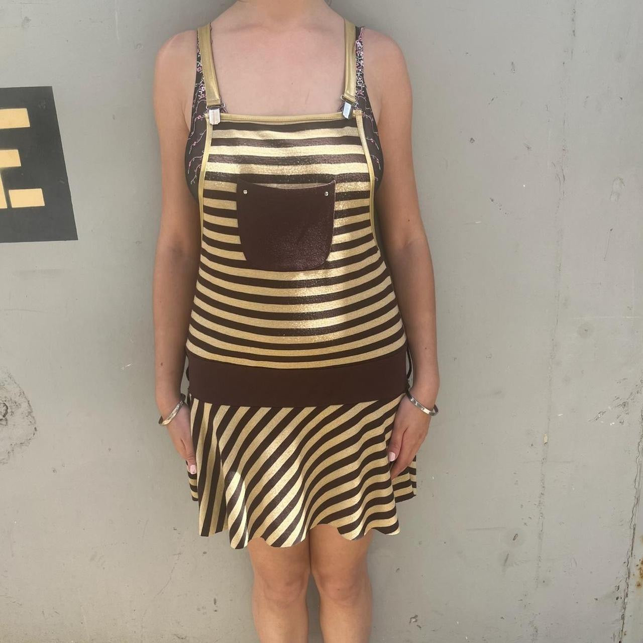 Miss Berge Brown and gold knit drop waist overall mini dress