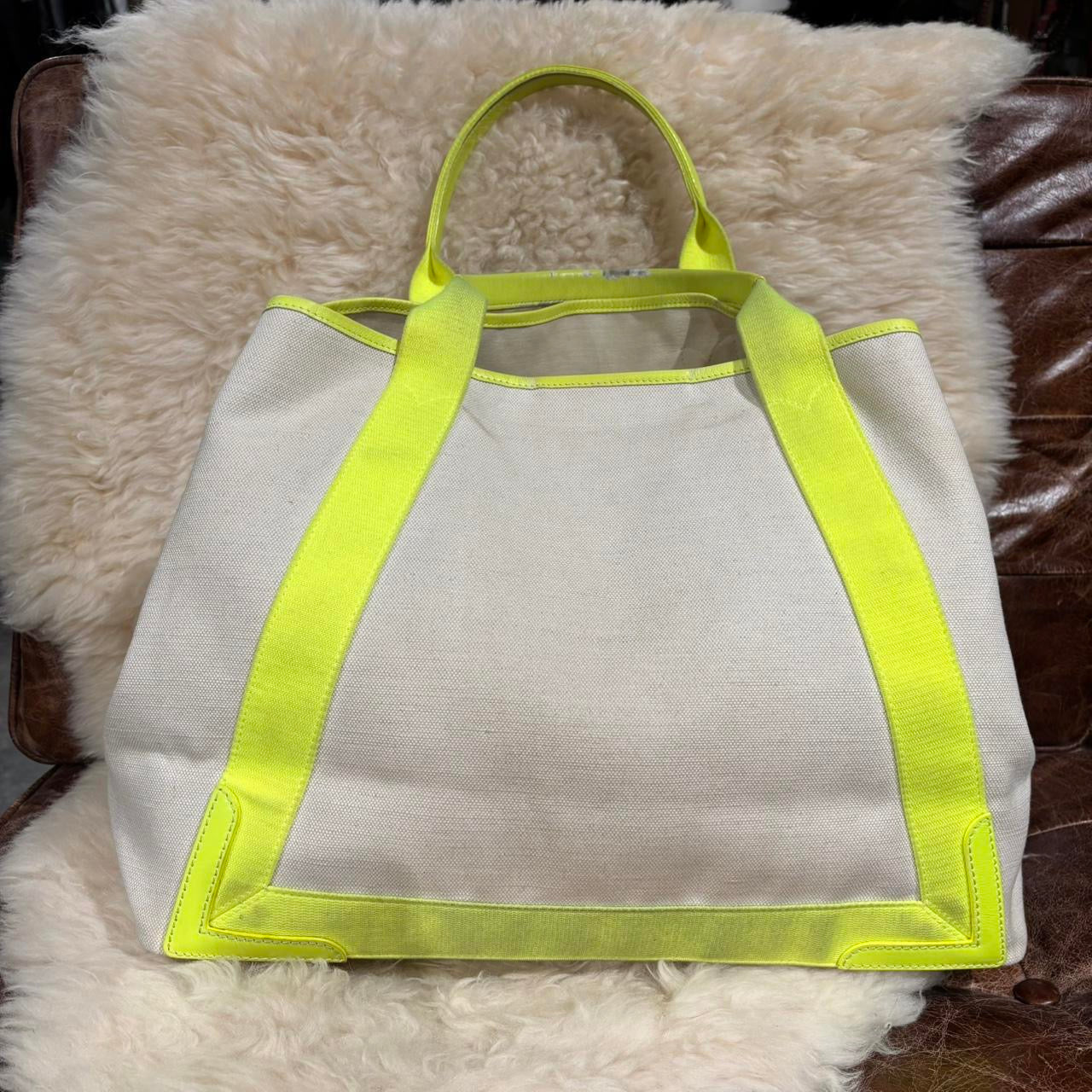 Balenciaga off white and neon yellow large tote with attached pouch