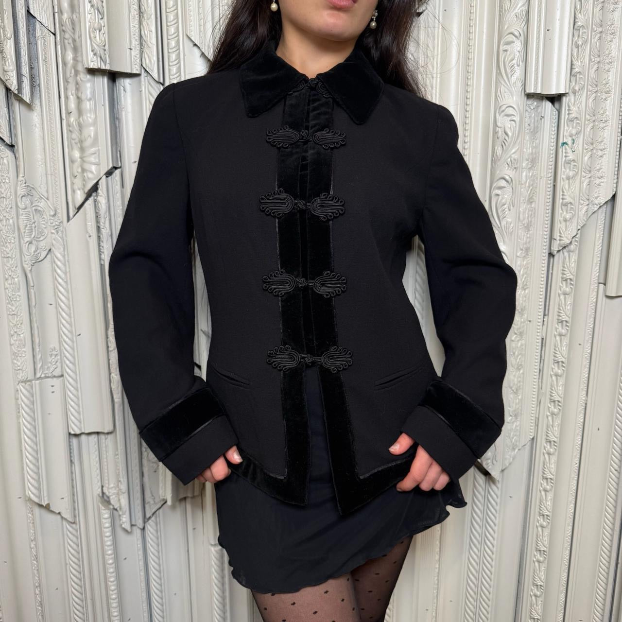 Virtue rayon over jacket with velvet trim, appliqué buttons and shoulder pads