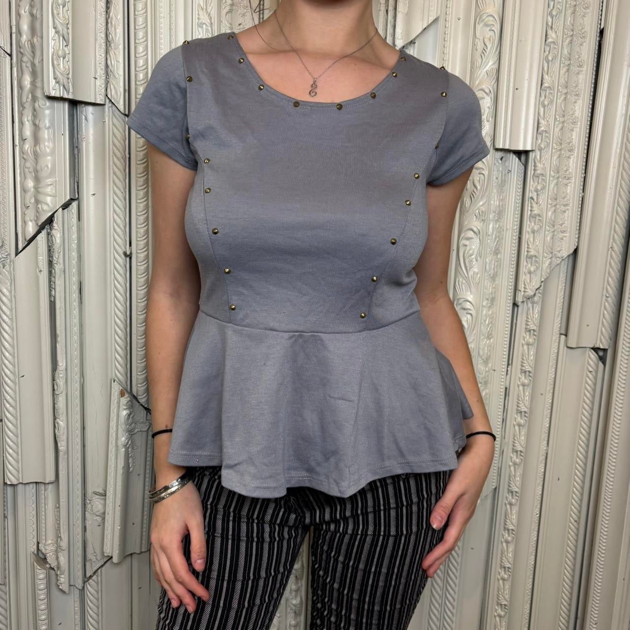 Julia grey short sleeve scoop neck peplum top with gold studs