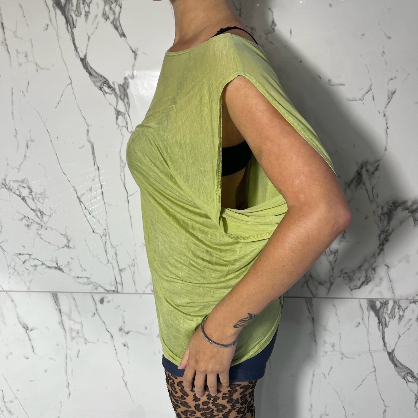 Maggie Ward green slouchy tee with stripe on back