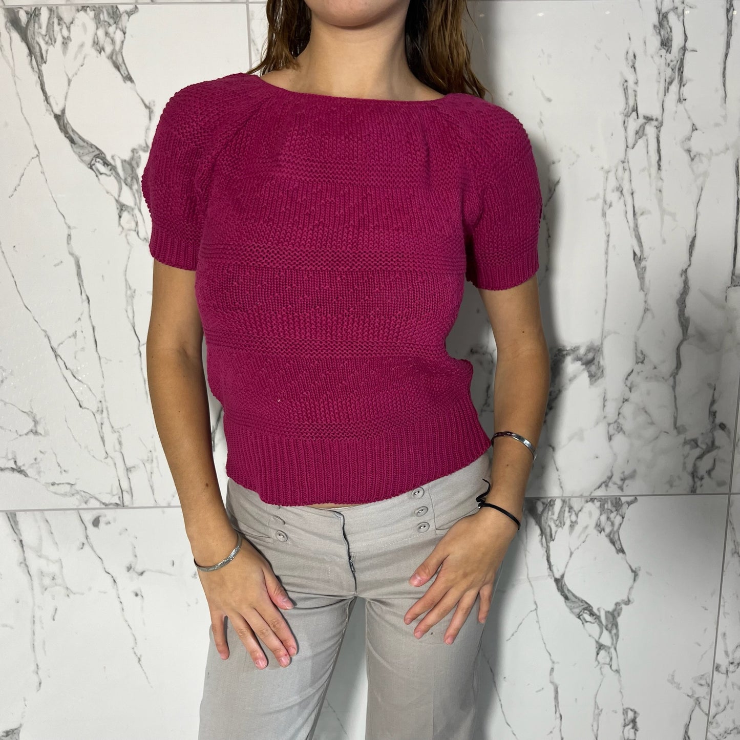 Cross-County Knits purpley-pink short sleeve sweater