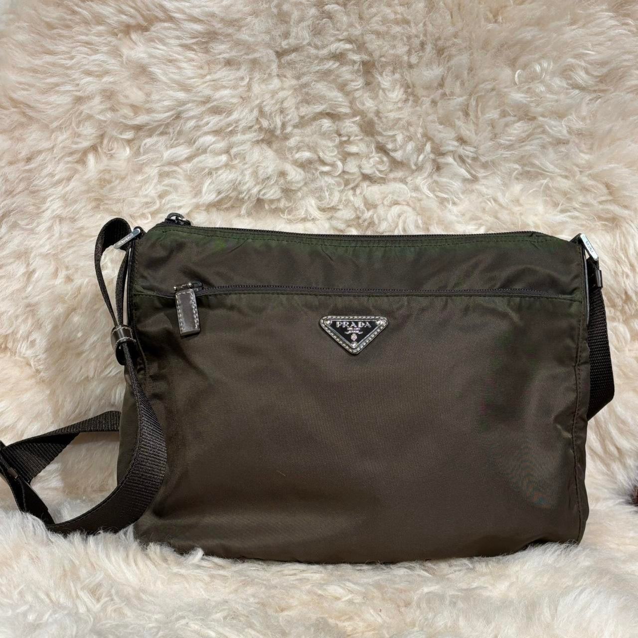 Prada green nylon crossbody bag with silver hardware