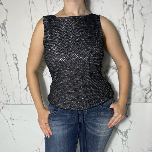 Studio Y black and silver sparkly knit boat neck tank top