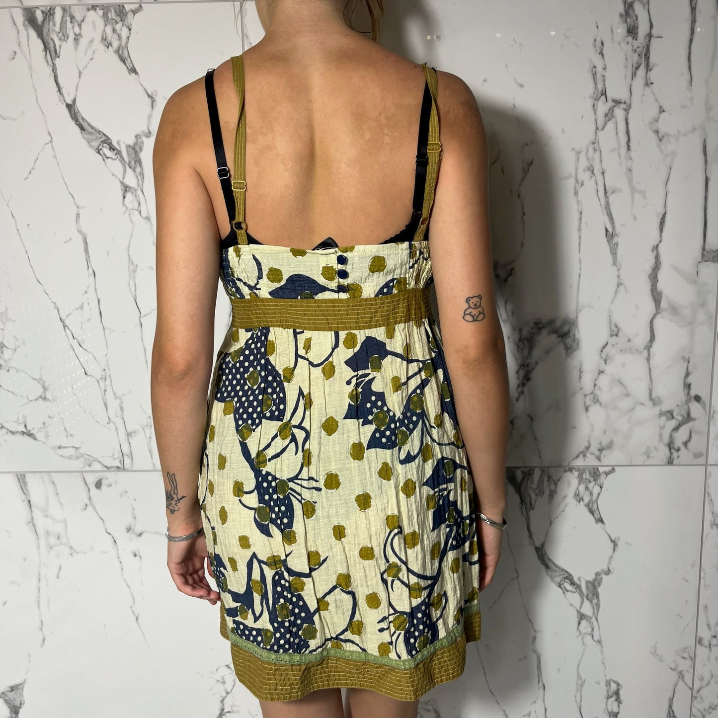 Forever Khaki green Y2k floral abstract polkadot dress