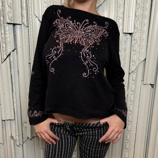 Fang black long sleeve tee with pink sequin butterfly on chest