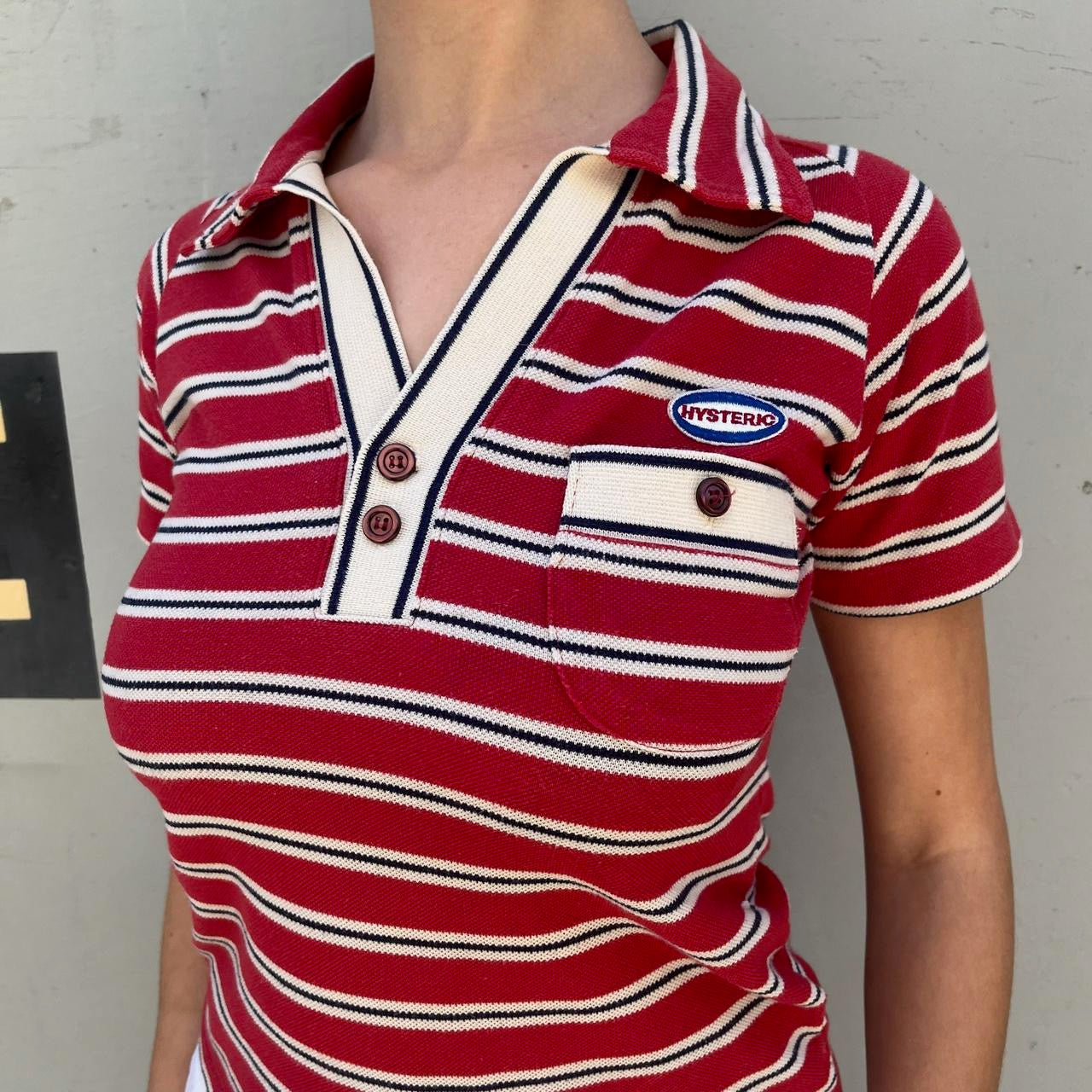 Hysteric Glamour red, white and blue striped collared button down top