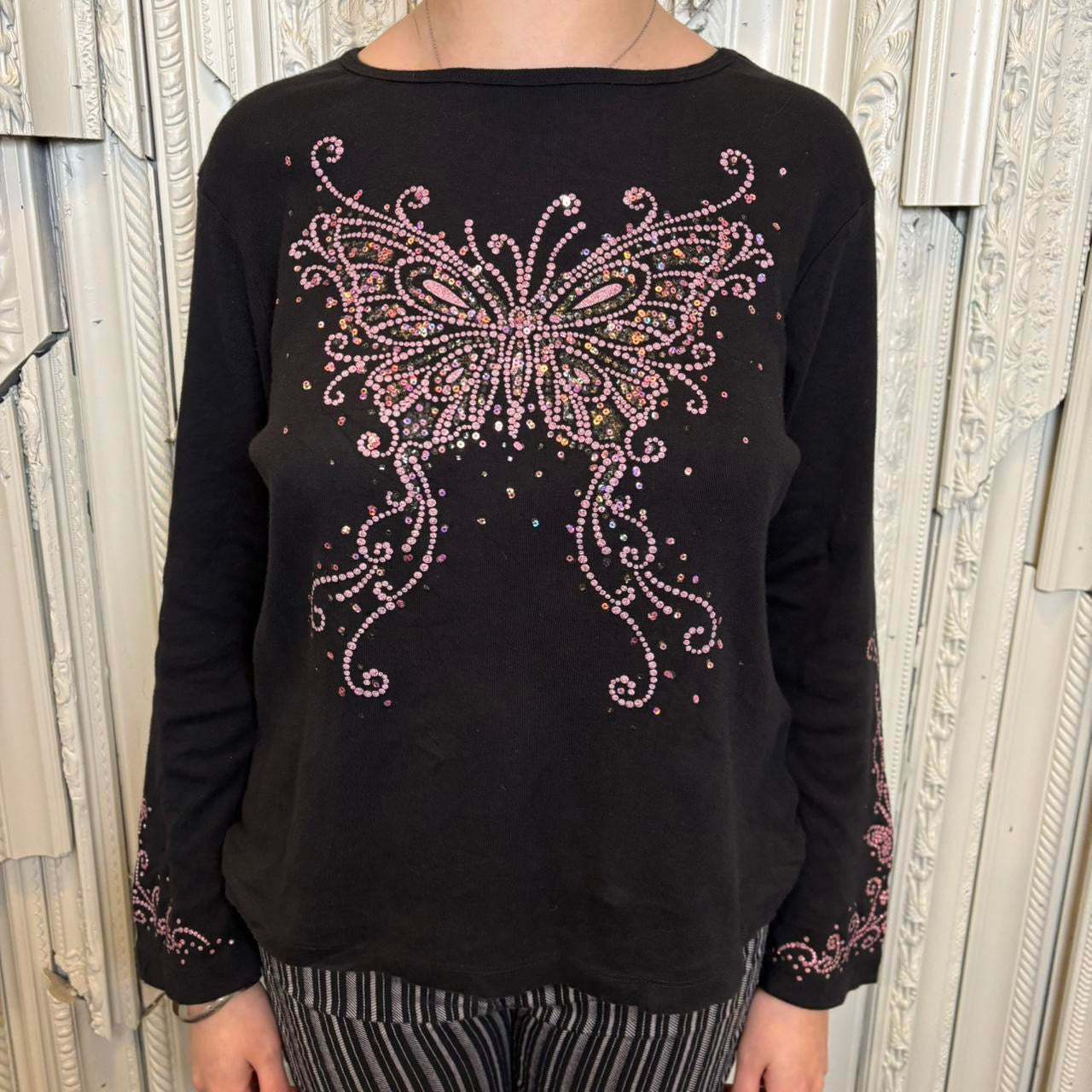 Fang black long sleeve tee with pink sequin butterfly on chest