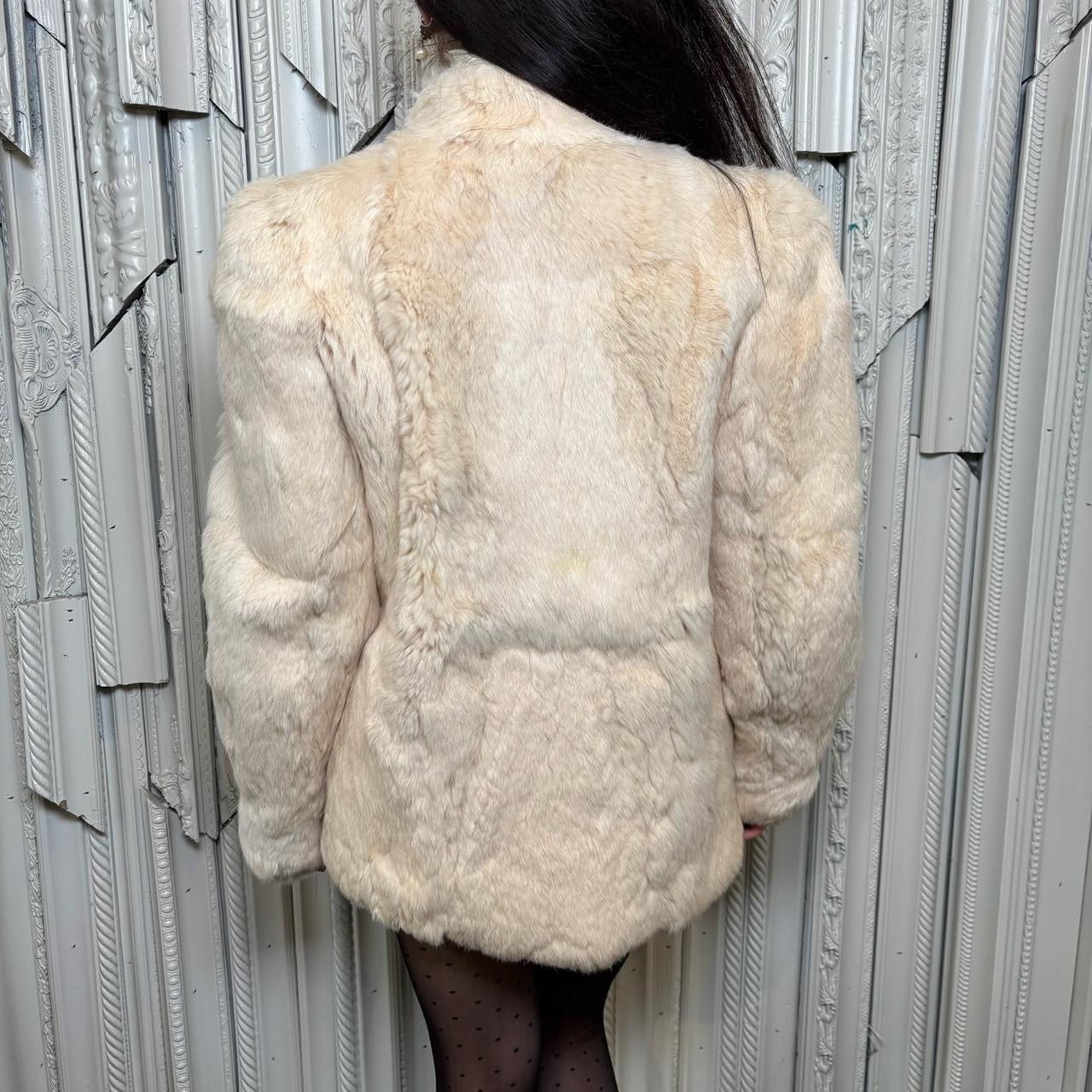 Vintage rabbit fur tan coat with shoulder pads, pockets and hook and loop closures