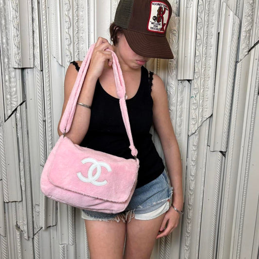 Chanel baby pink fuzzy crossbody with white patent emblem