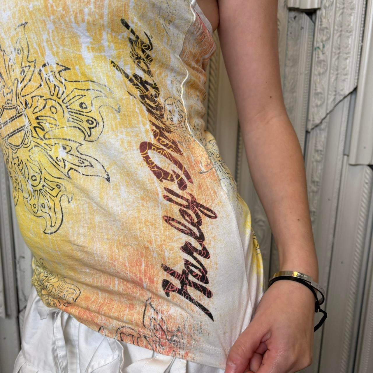 Harley Davidson yellow and white racerback tank top with “tribal print”