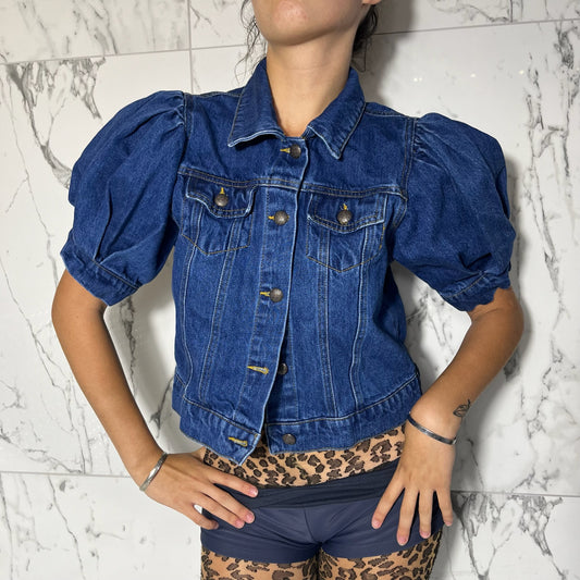 Swank dark wash denim puff short sleeve denim jacket