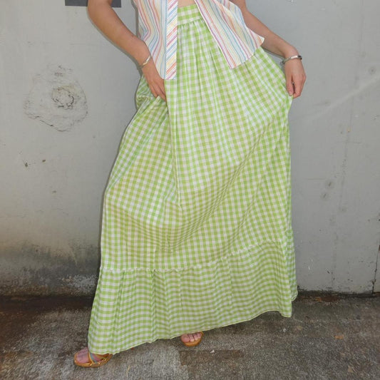 Vintage 60s/70s bright green gingham print skirt