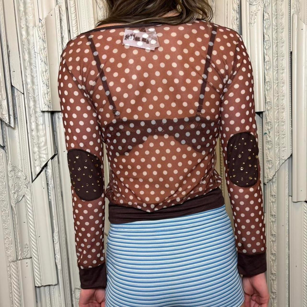 Miguelita brown and white polka dot mesh top