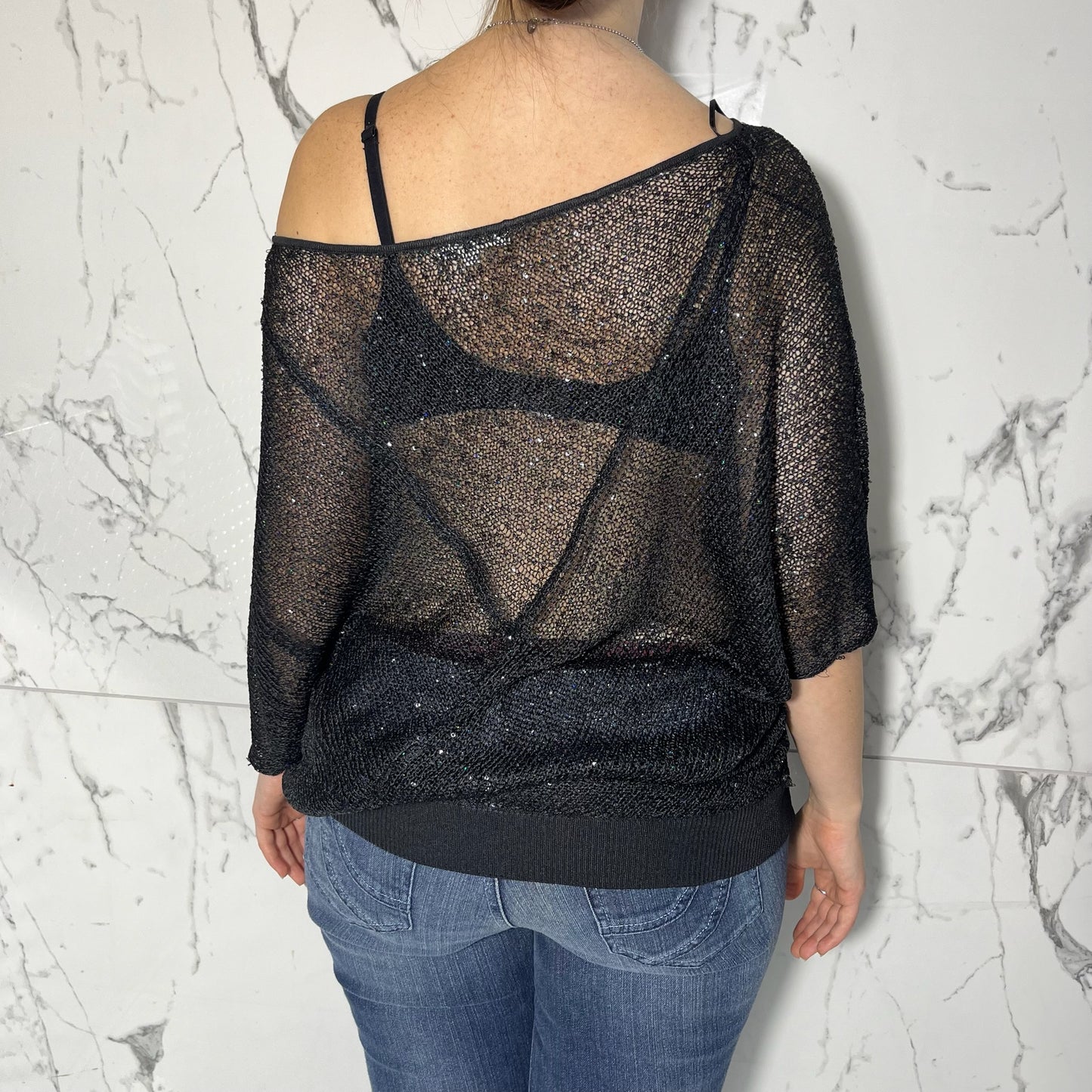 Marty M black loose knit slouchy bat sleeve off the shoulder top